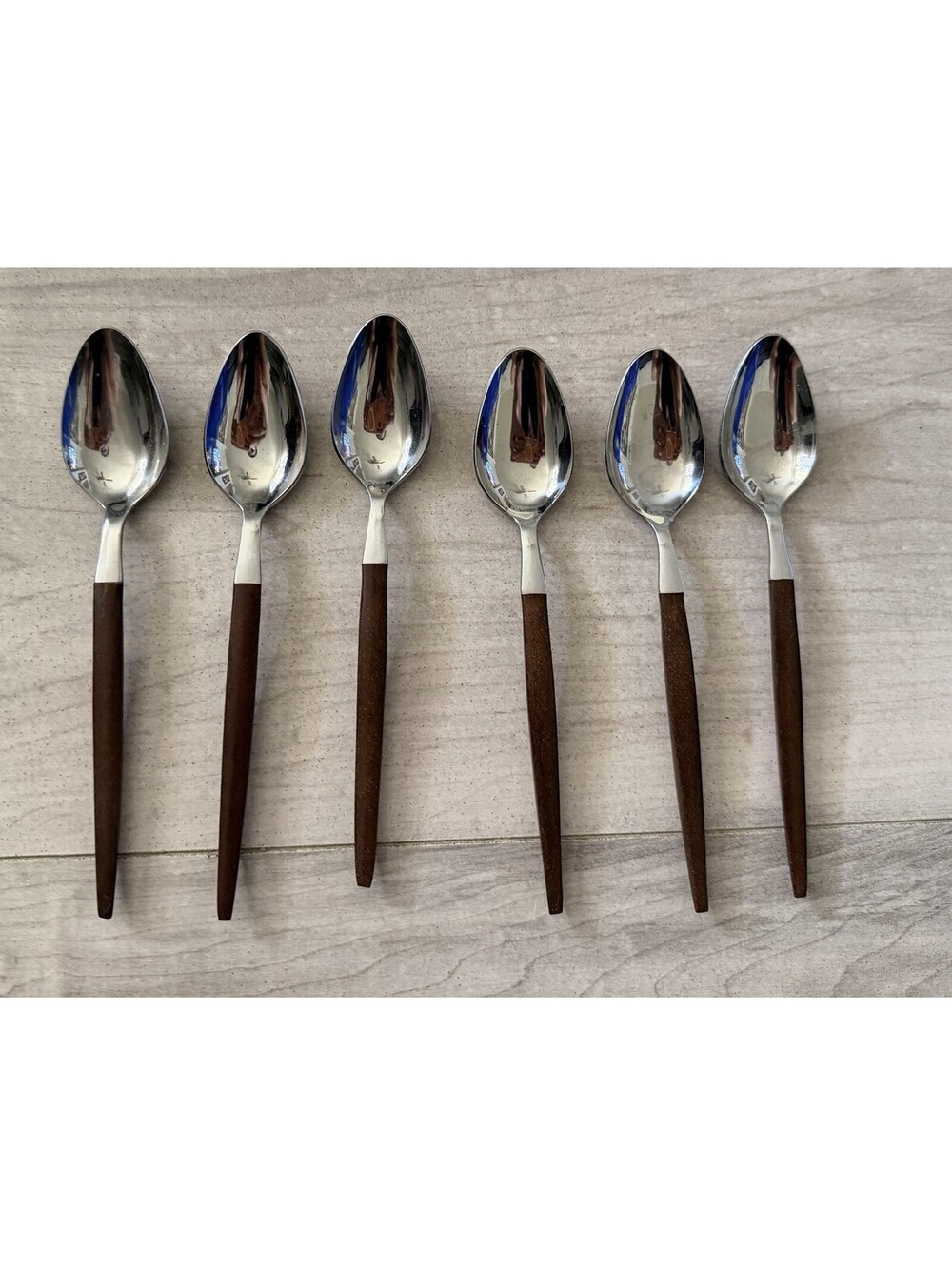 6 Spoons Ekco Eterna Stainless Silverware Brown Handle Composite Flatware MCM
